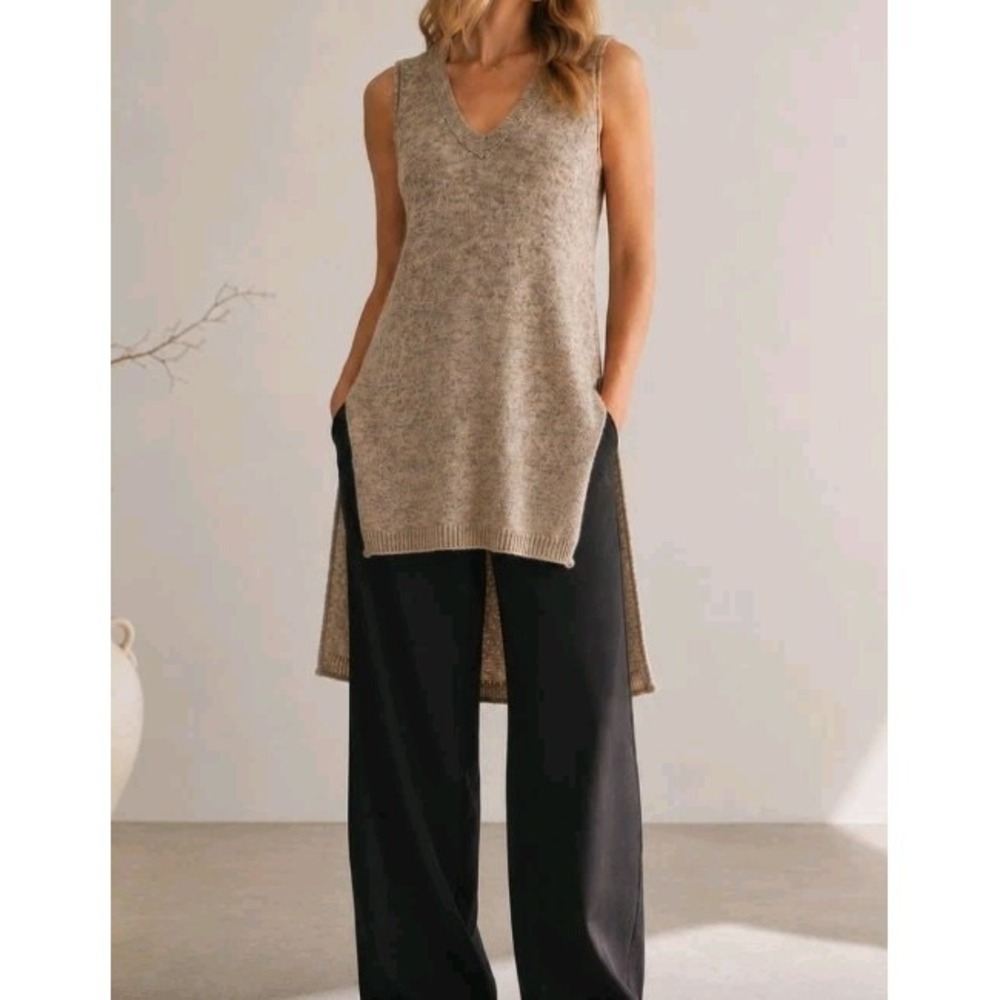 Zara Wool Blend Knit Long Sweater Vest Tunic Side Slits Minimalist Boho